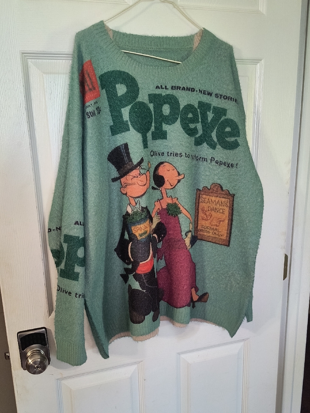 Super Cute Popeye Graphic Light Teal Sweater with Cartoon Print